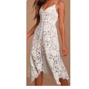 Lulus White Floral Lace Midi Dress Nude Lining V-Neck Spaghetti Strap XS NEW